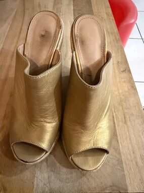 Charles by Charles David Gold Leather Peep-Toe Mule Heels